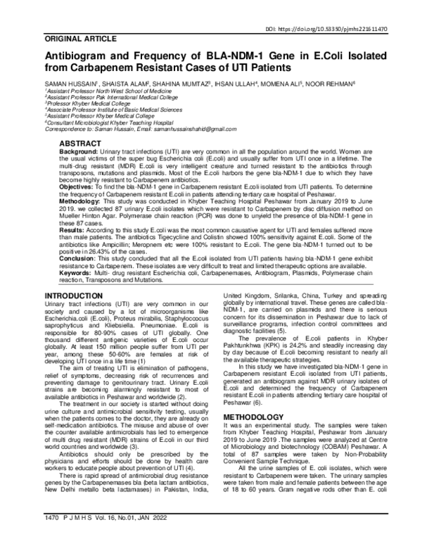 (PDF) Antibiogram and Frequency of BLA-NDM-1 Gene in E.Coli Isolated ...