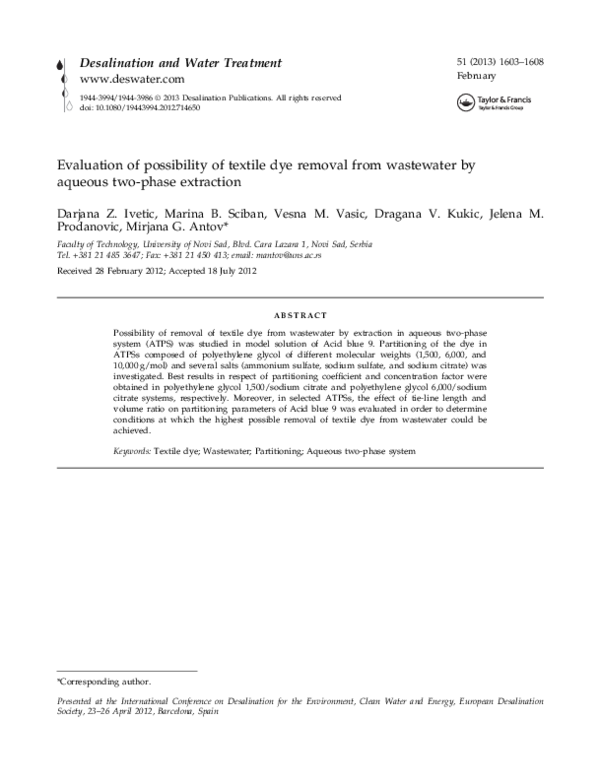 (PDF) Evaluation of possibility of textile dye removal from wastewater ...