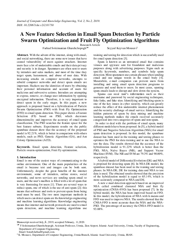 (PDF) A New Feature Selection in Email Spam Detection by Particle Swarm ...
