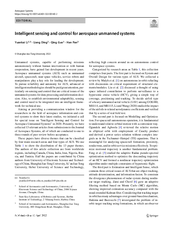 (PDF) Intelligent sensing and control for aerospace unmanned systems