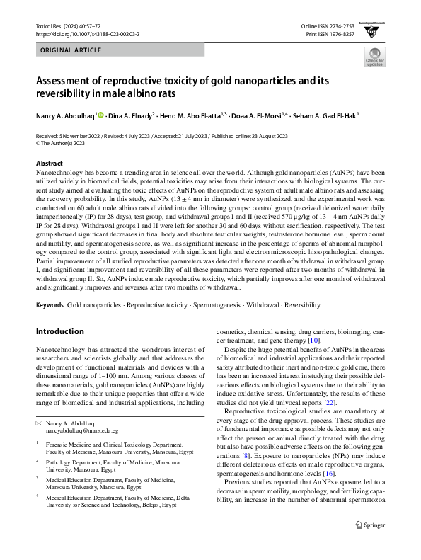 (PDF) Assessment of reproductive toxicity of gold nanoparticles and its ...