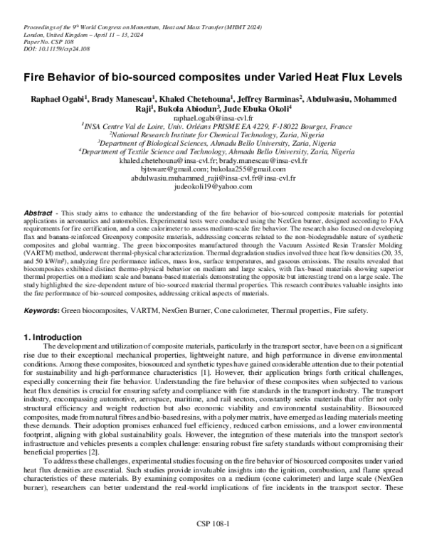 (PDF) Fire Behavior of bio-sourced composites under Varied Heat Flux Levels