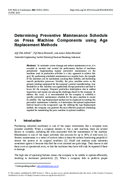 (PDF) Determining Preventive Maintenance Schedule on Press Machine ...