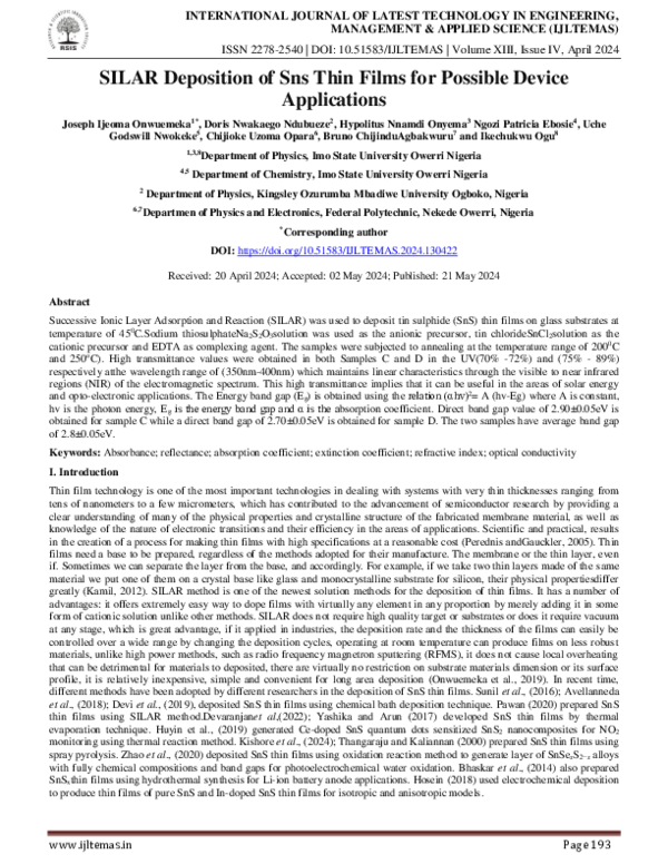 (PDF) SILAR Deposition of Sns Thin Films for Possible Device Applications