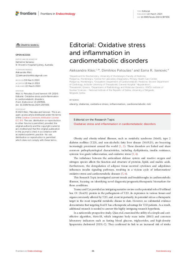 (PDF) Editorial: Oxidative stress and inflammation in cardiometabolic ...