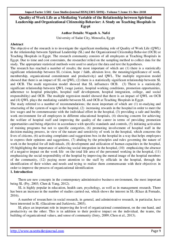 (PDF) Quality of Work Life as a Mediating Variable of the Relationship ...