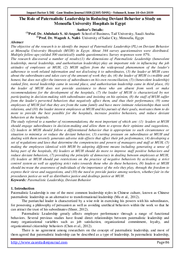 (PDF) The Role of Paternalistic Leadership in Reducing Deviant Behavior ...