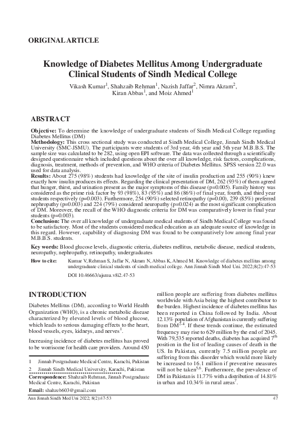 (PDF) Knowledge of Diabetes Mellitus among Undergraduate Clinical ...