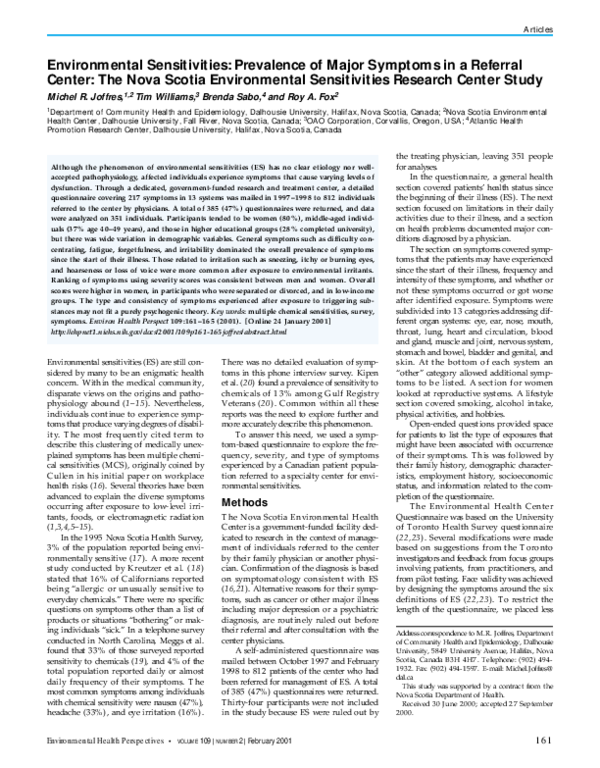 (PDF) Environmental sensitivities: prevalence of major symptoms in a ...