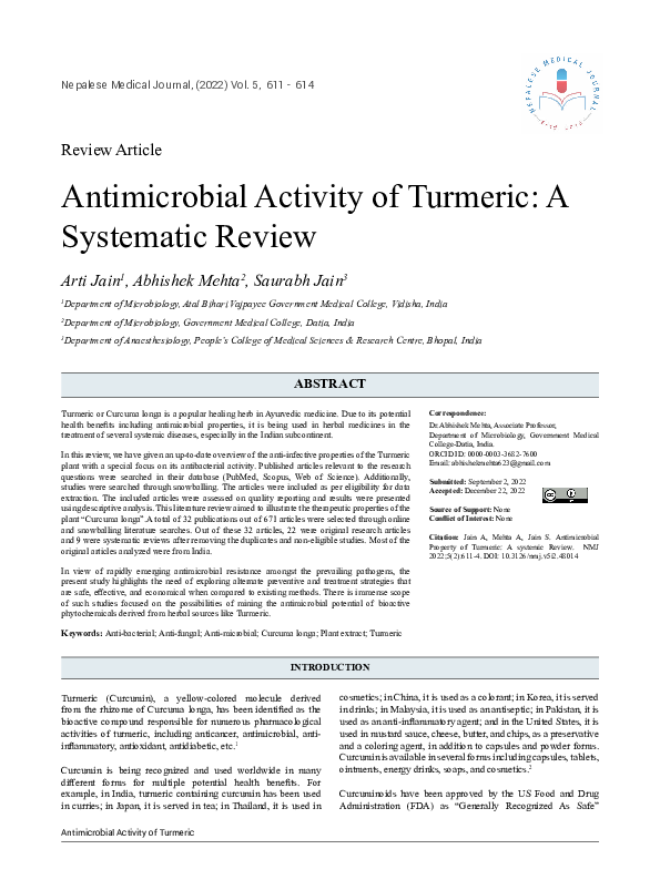 (PDF) Antimicrobial Activity of Turmeric: A Systematic Review