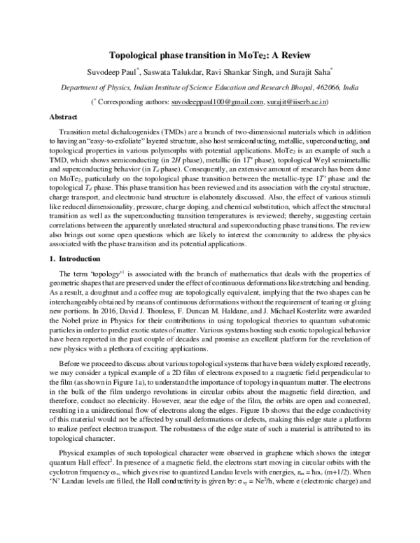 (PDF) Topological Phase Transition in MoTe 2 : A Review