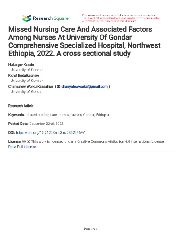 (PDF) Missed Nursing Care And Associated Factors Among Nurses At ...