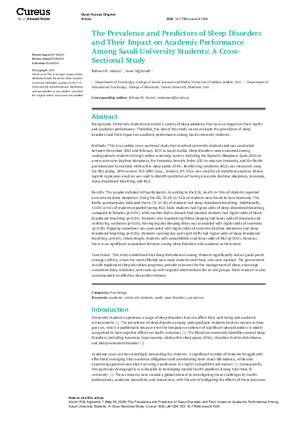 (PDF) The Prevalence and Predictors of Sleep Disorders and Their Impact ...