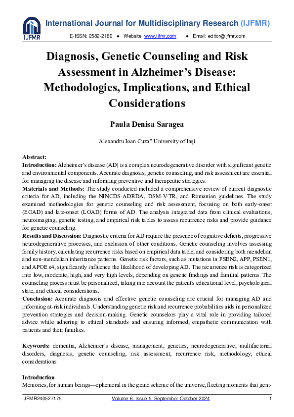 (PDF) Diagnosis, Genetic Counseling and Risk Assessment in Alzheimer's ...