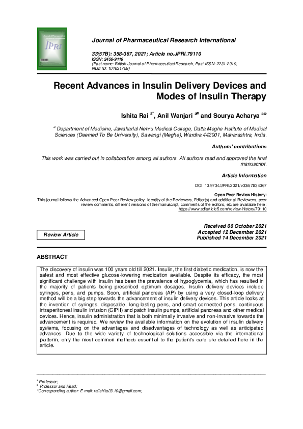 (PDF) Recent Advances in Insulin Delivery Devices and Modes of Insulin ...