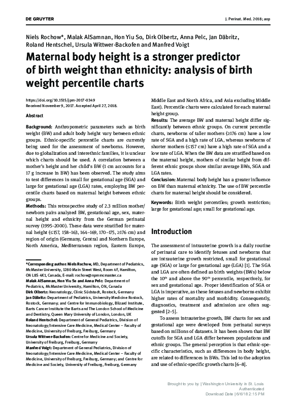 (PDF) Maternal body height is a stronger predictor of birth weight than ...