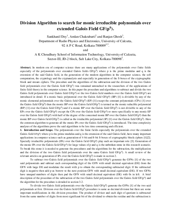 (PDF) Division Algorithm to search for monic irreducible polynomials ...