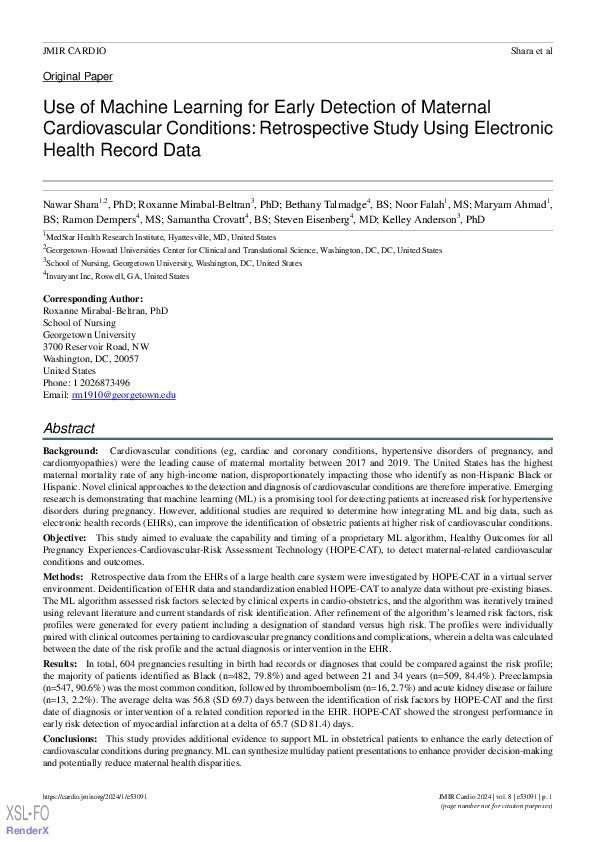 (PDF) Use of Machine Learning for Early Detection of Maternal ...