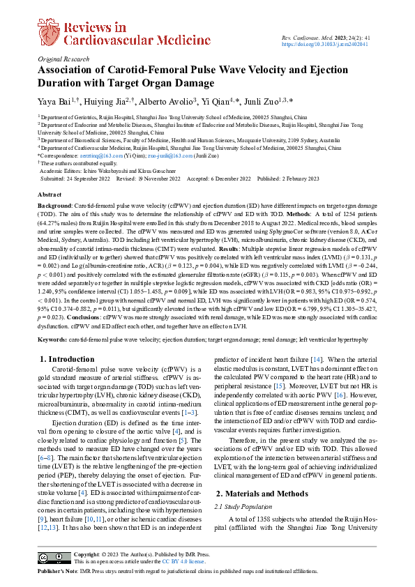 (PDF) Association of Carotid-Femoral Pulse Wave Velocity and Ejection ...