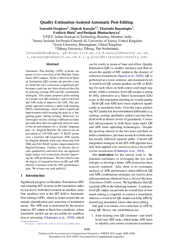 (PDF) Quality Estimation-Assisted Automatic Post-Editing