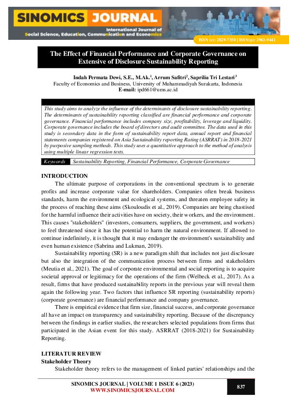 (PDF) The Effect of Financial Performance and Corporate Governance on ...