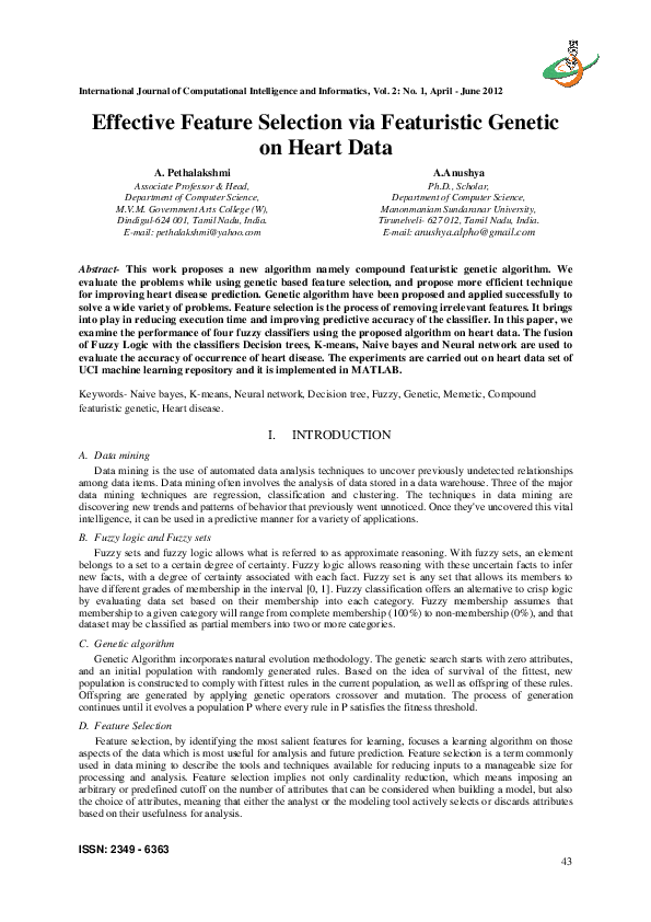 (PDF) Effective Feature Selection via Featuristic Genetic on Heart Data