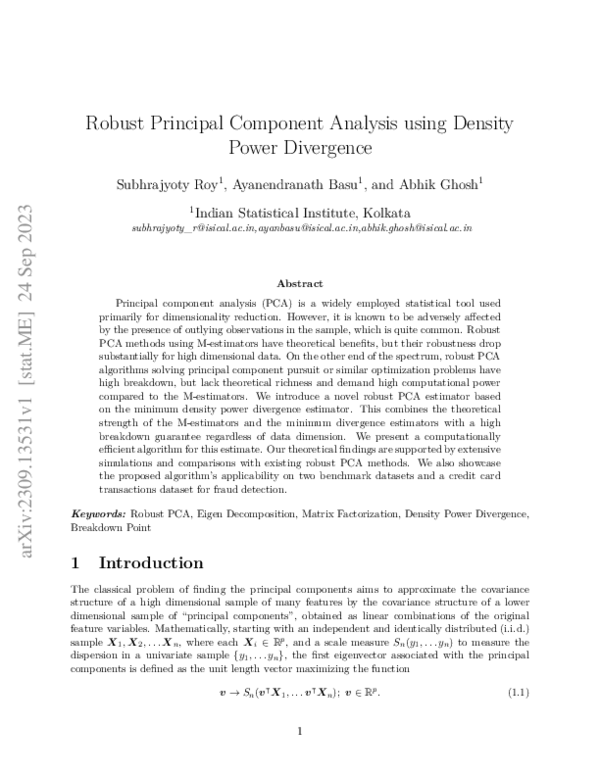(PDF) Robust Principal Component Analysis using Density Power Divergence