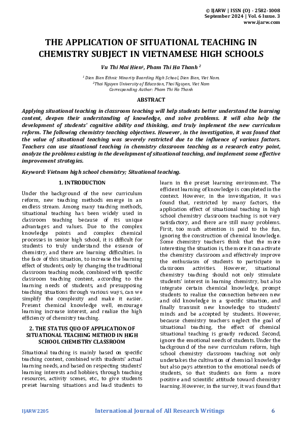 (PDF) THE APPLICATION OF SITUATIONAL TEACHING IN CHEMISTRY SUBJECT IN ...