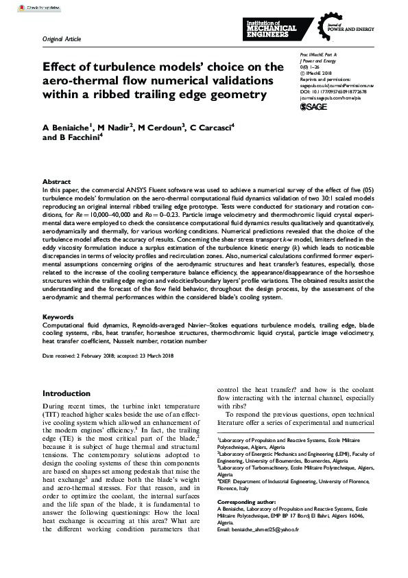 (PDF) Effect of turbulence models' choice on the aero-thermal flow ...