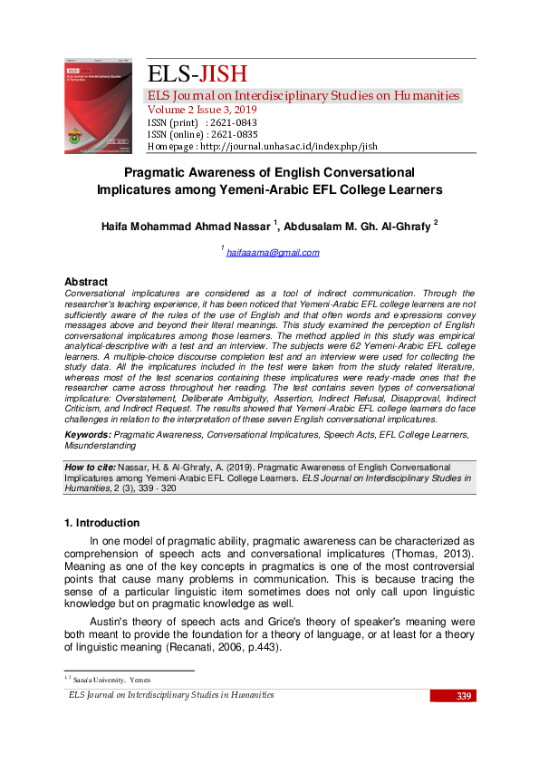 (PDF) Pragmatic Awareness of English Conversational Implicatures among ...