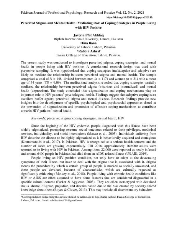 (PDF) Perceived Stigma and Mental Health: Mediating Role of Coping ...
