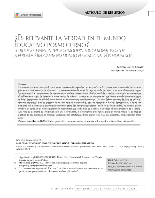 (PDF) ¿Es relevante la verdad en el mundo educativo posmoderno?
