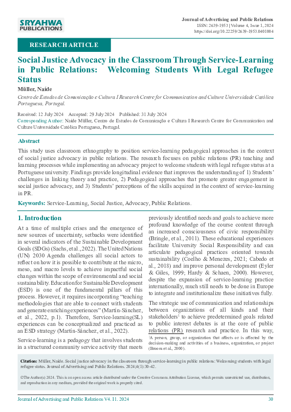 (PDF) Social Justice Advocacy in the classroom through service-learning ...