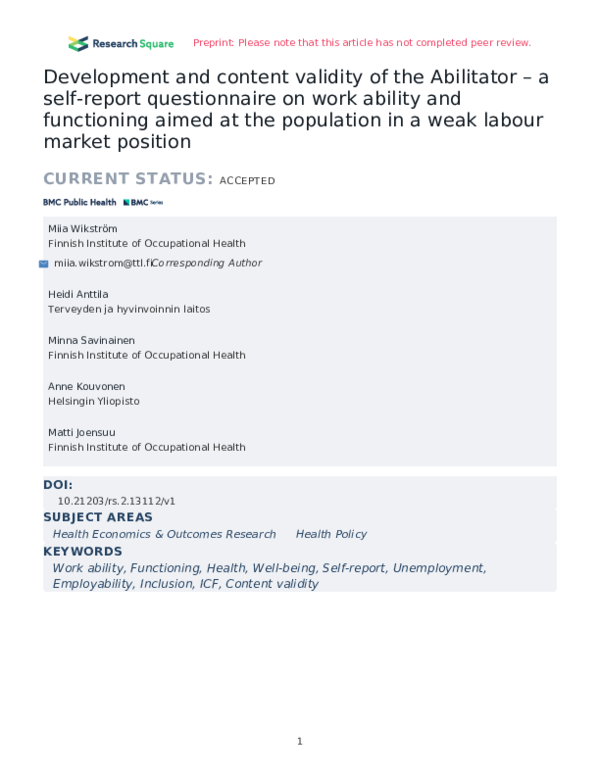 (PDF) Development and content validity of the Abilitator – a self ...