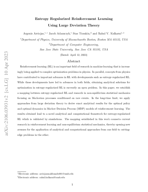 (PDF) Entropy Regularized Reinforcement Learning Using Large Deviation ...