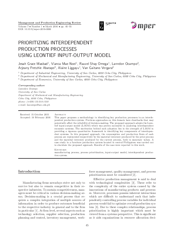 (PDF) Prioritizing Interdependent Production Processes using Leontief ...