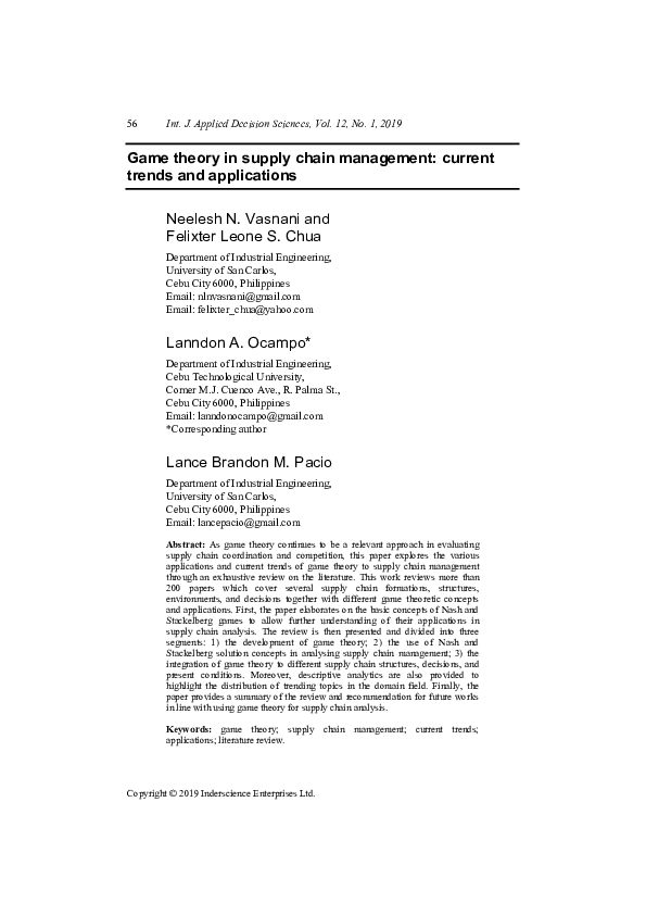 (PDF) Game theory in supply chain management: current trends and ...