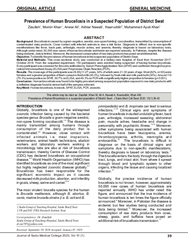 (PDF) Prevalence of Human Brucellosis in a Suspected Population of ...