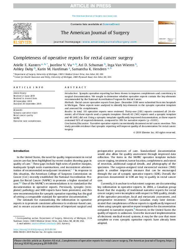 (PDF) Completeness of operative reports for rectal cancer surgery