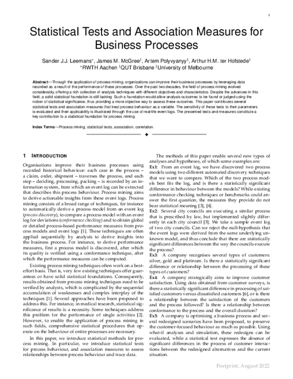 (PDF) Statistical Tests and Association Measures for Business Processes