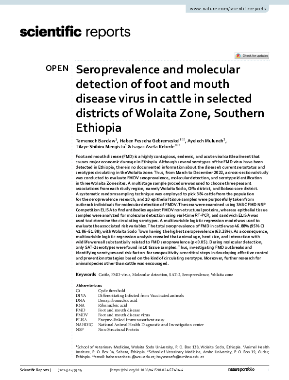 (PDF) Seroprevalence and molecular detection of foot and mouth disease ...