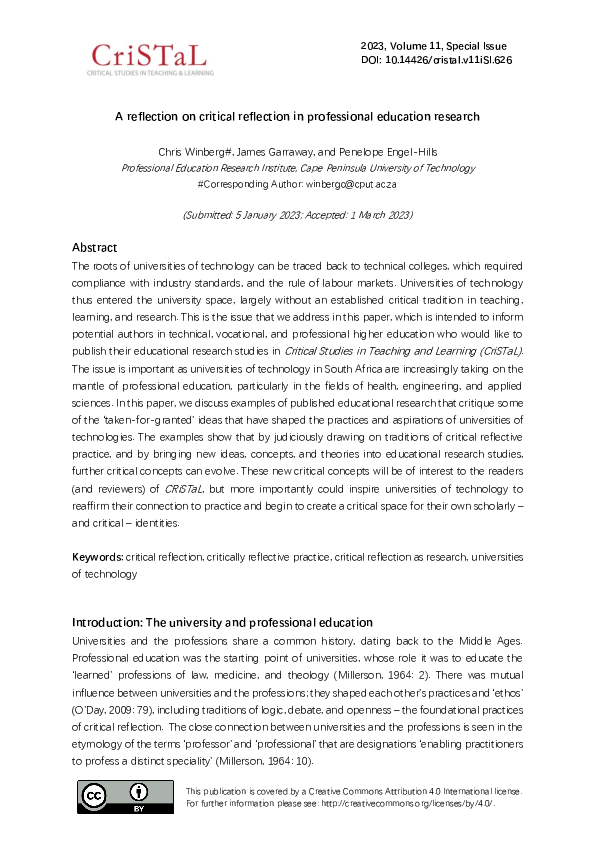 Pdf A Reflection On Critical Reflection In Professional Education