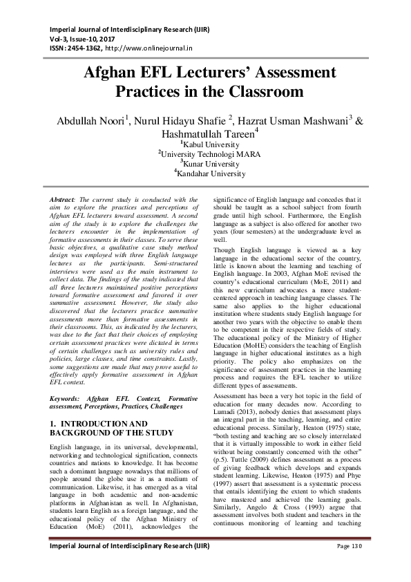 (PDF) Afghan EFL Lecturers’ Assessment Practices in the Classroom