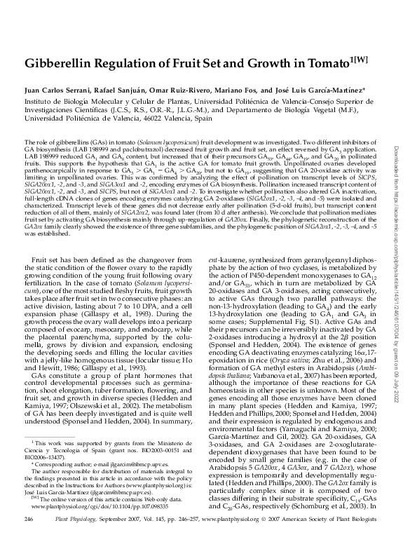 (PDF) Gibberellin Regulation of Fruit Set and Growth in Tomato