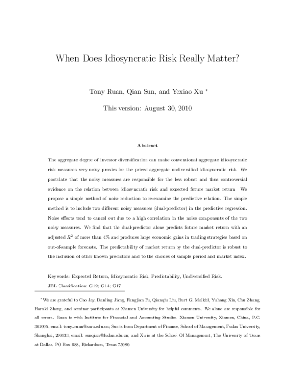 (PDF) When Does Idiosyncratic Risk Really Matter?