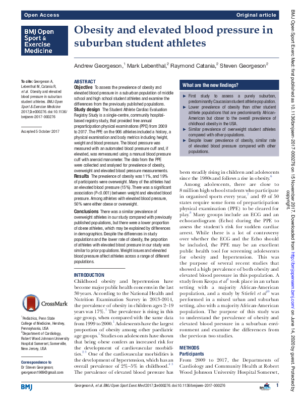 (PDF) Obesity and elevated blood pressure in suburban student athletes