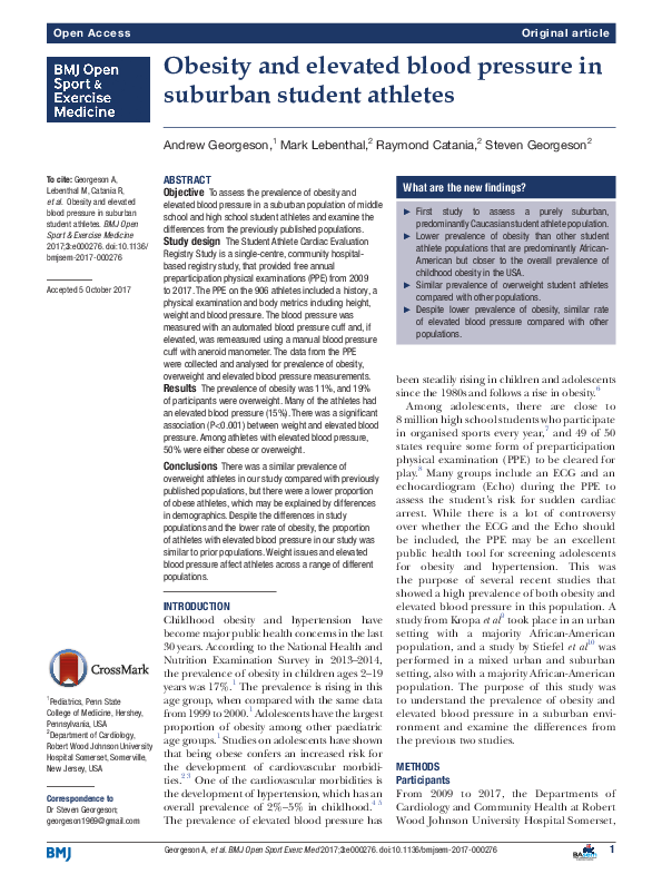 (PDF) Obesity and elevated blood pressure in suburban student athletes