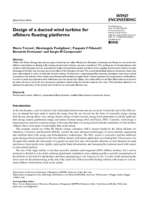 (PDF) Design of a ducted wind turbine for offshore floating platforms