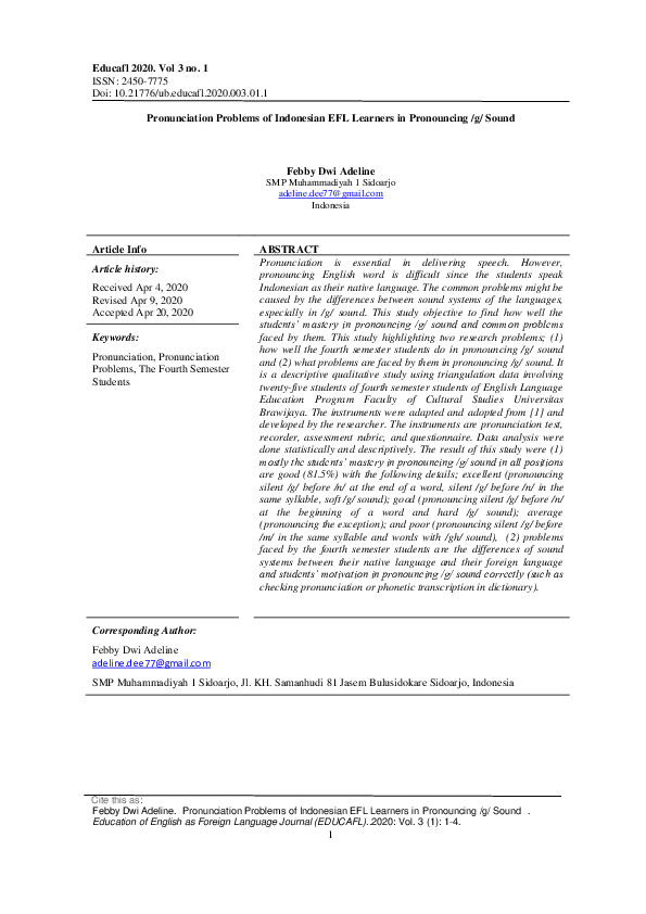 (PDF) Pronunciation Problems of Indonesian EFL Learners in Pronouncing ...