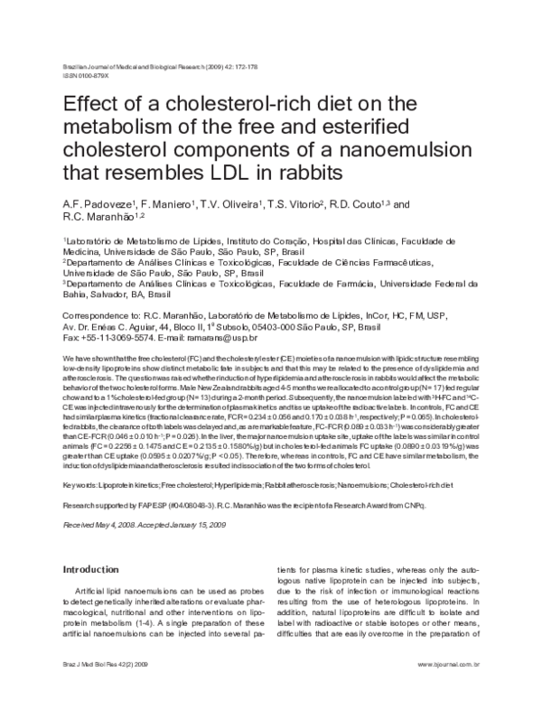 (PDF) Effect of a cholesterol-rich diet on the metabolism of the free ...